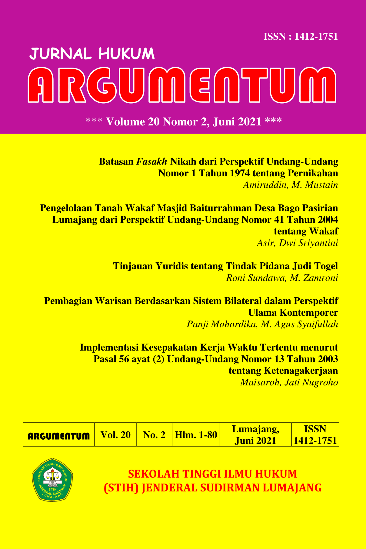 Jurnal Argumentum Vol. 20 No. 2 - Edisi Juni 2021